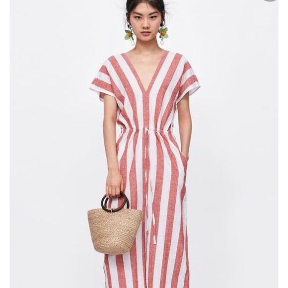 Zara Dresses & Skirts - ZARA VNECK CAFTAN RED/WHITE VERTICAL STRIPE DRESS